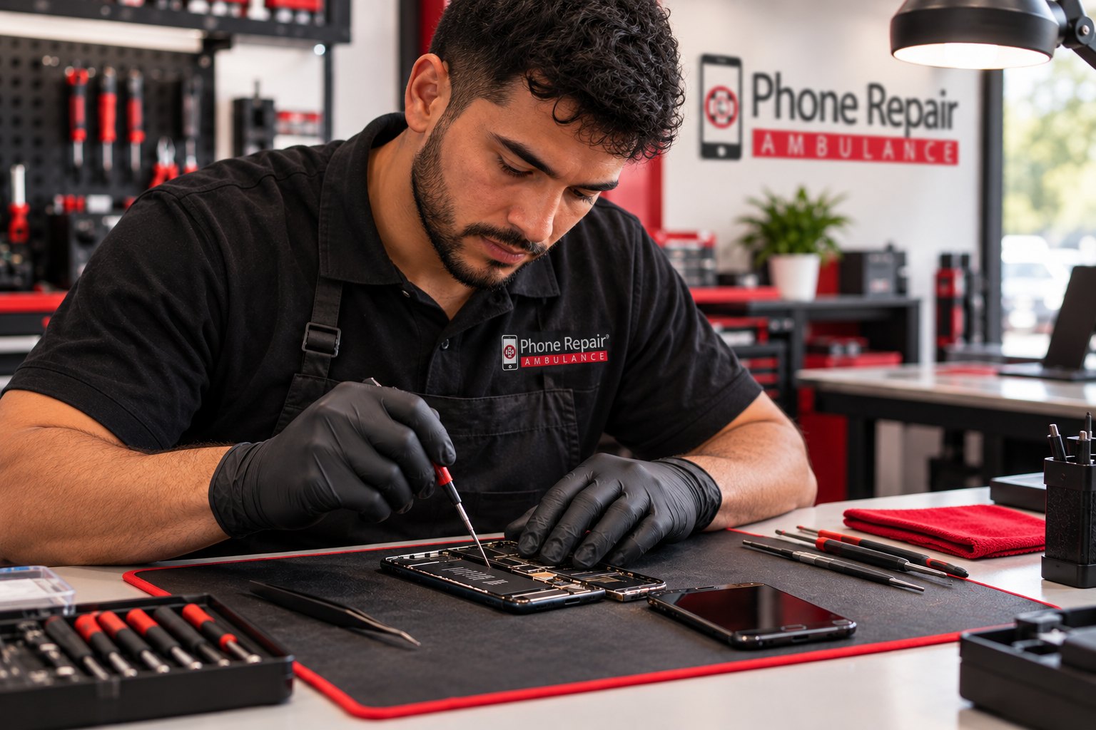 A technician carefully repairing a disassembled device at a well-lit workbench