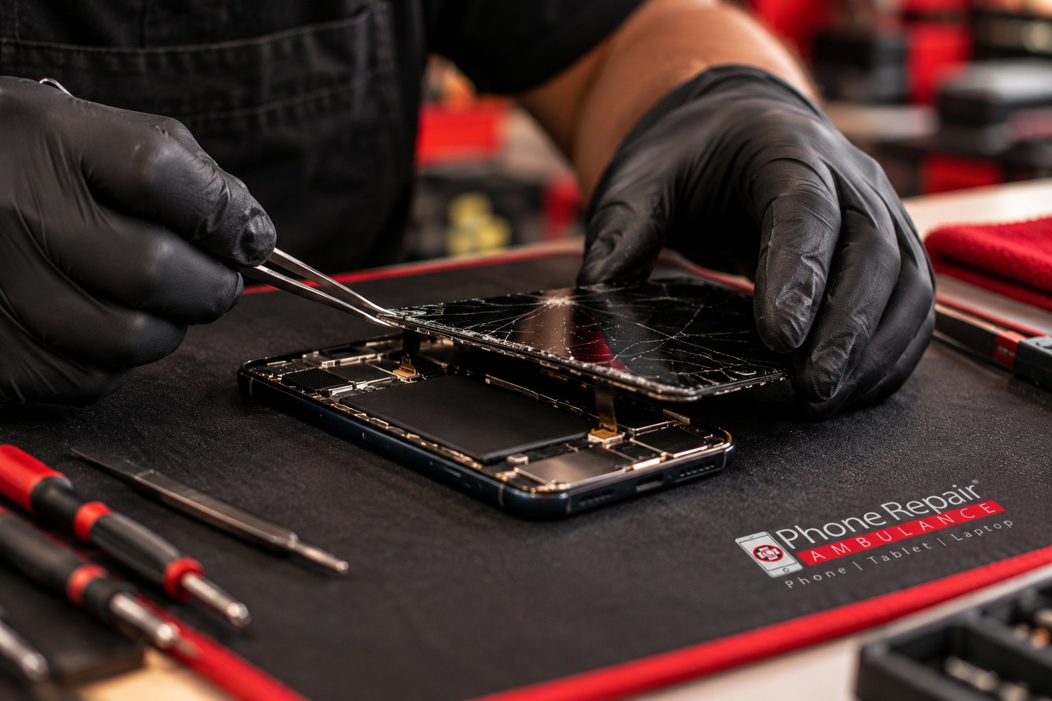 A technician using precision tools to replace a cracked screen on a repair bench